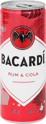 Напиток слабоалкогольный BACARDI Bacardi & Cola, на основе рома Bacardi Carta Blanca и напитка со вкусом колы 5%, 0.25л, крупный план
