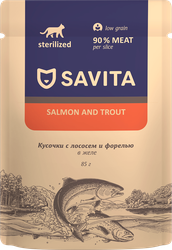 Корм влажный для взрослых кошек SAVITA с лососем и форелью в соусе, для стерилизованных, 85г, фотография