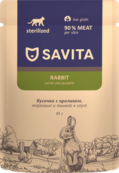Корм влажный для взрослых кошек SAVITA с кроликом и овощами в соусе, для стерилизованных, 85г, фотография