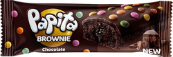 Кекс шоколадный PAPITA Brownie с какао-глазурью, шоколадной начинкой и цветным драже, 40г, картинка