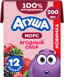 Морс ягодный АГУША Ягодный сбор, из винограда, клюквы, ежевики и клубники, с 12 месяцев, 200мл, фото