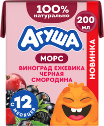 Морс ягодный АГУША Виноград, ежевика и черная смородина, с 12 месяцев, 200мл, фотография