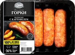 Колбаски из свинины БЛИЖНИЕ ГОРКИ с картофелем, 350г, крупный план