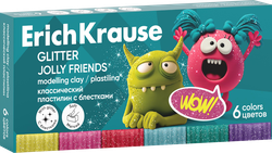 Пластилин ERICHKRAUSE Классический Веселые друзья с блестками, 6 цветов со стеком, 108г, картинка