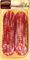 Колбаса сырокопченая КФ ЕГОРЬЕВСКАЯ Брауншвейгская, нарезка, 150г, крупный план