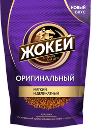 Кофе растворимый ЖОКЕЙ Арабика оригинальный с добавлением цикория, 130г, крупный план
