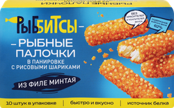 Изображение товара Рыбные палочки РЫББИТСЫ из филе минтая в панировке c рисовыми шариками, 250г