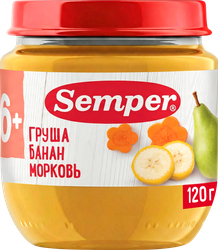 Пюре фруктово-овощное SEMPER Груша, банан, морковь, с 6 месяцев, 120г, картинка