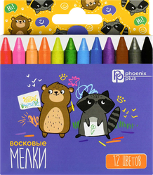 Мелки восковые ФЕНИКС+ Мишка и енот, 12 цветов, Арт. 69654, 12шт, крупный план