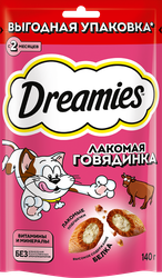 Лакомство для взрослых кошек DREAMIES с добавлением говядины, 140г, крупный план
