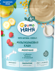 Каша мультизлаковая ФРУТОНЯНЯ молочная, с яблоком, бананом и земляникой, с 6 месяцев, 190г, детальное фото