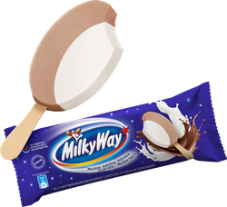 Мороженое MILKY WAY Двуслойное, сливочное и сливочное шоколадное 10%, без змж, эскимо, 52г, детальное фото