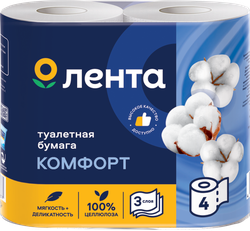 Бумага туалетная ЛЕНТА 3 слоя, белая, 4шт, картинка