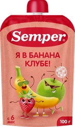 Пюре фруктовое SEMPER Банан, клубника и яблоко, с 6 месяцев, 100г, картинка