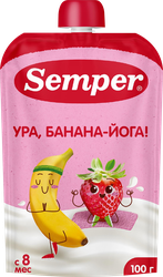 Пюре фруктово-йогуртное SEMPER Банан и клубника с йогуртом, с 8 месяцев, 100г, крупный план