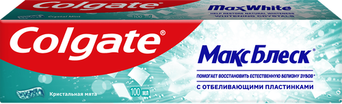 Зубная паста COLGATE Макс Блеск Кристальная мята с отбеливающими пластинками для свежего дыхания и отбеливания зубов, 100мл, крупный план