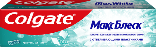 Зубная паста COLGATE Макс Блеск Кристальная мята с отбеливающими пластинками для свежего дыхания и отбеливания зубов, 100мл, крупный план