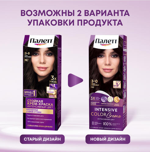Крем-краска для волос ПАЛЕТТ Интенсивный цвет 3–0 (N2) Темно-каштановый, 110мл, крупный план