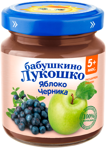 Пюре фруктово-ягодное БАБУШКИНО ЛУКОШКО Яблоко-черника, с 5 месяцев, 100г, детальное фото
