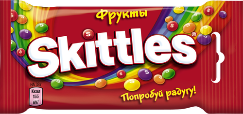 Драже SKITTLES Фрукты в сахарной глазури со вкусом апельсина, черной смородины, клубники, лайма, лимона, 38г, крупный план