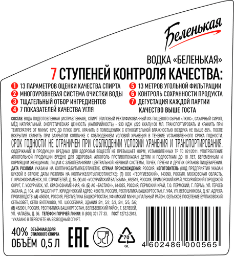 Водка БЕЛЕНЬКАЯ 40%, 0.5л, изображение