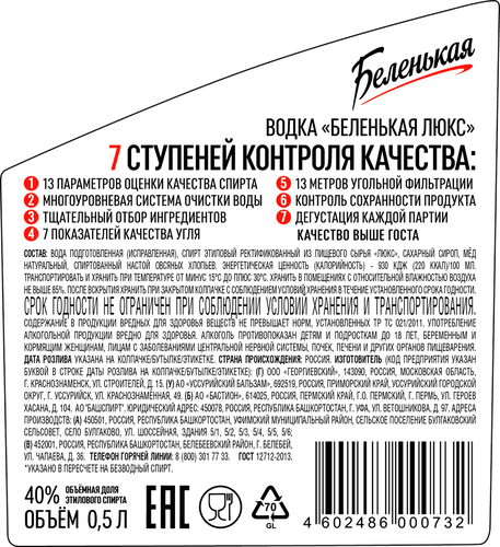 Водка БЕЛЕНЬКАЯ Люкс 40%, 0.5л, картинка