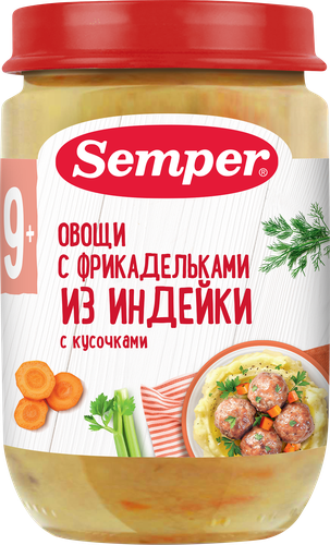Пюре мясо-овощное SEMPER Овощи с фрикадельками из индейки, с 9 месяцев, 190г, изображение