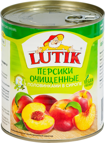 Персики LUTIK половинки в сиропе, очищенные, 850мл, детальное фото