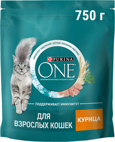 Корм сухой для взрослых кошек PURINA ONE с высоким содержанием курицы и цельными злаками, 750г, изображение