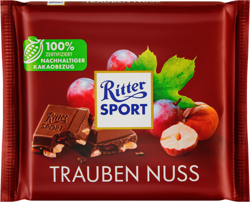 Шоколад молочный RITTER SPORT с лесным орехом и калифорнийским изюмом, 100г, детальное фото