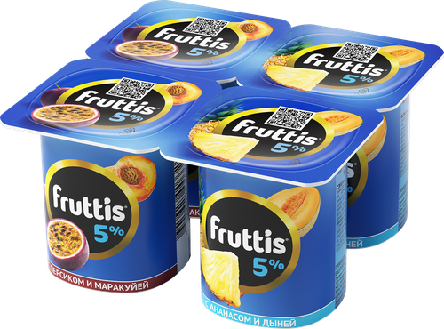 Продукт йогуртный FRUTTIS Сливочный Персик, маракуйя/Ананас, дыня 5%, без змж, 115г, крупный план