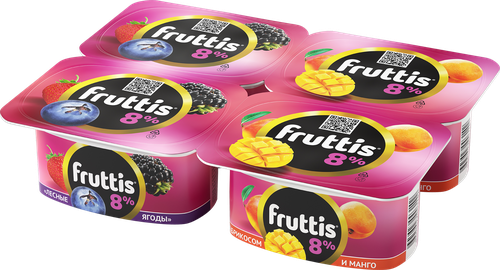 Продукт йогуртный FRUTTIS Суперэкстра Абрикос, манго/Лесные ягоды 8%, без змж, 115г, крупный план
