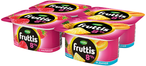 Продукт йогуртный FRUTTIS Суперэкстра Малина/Ананас, дыня 8%, без змж, 115г, крупный план
