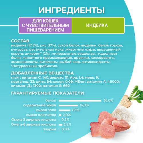 Корм сухой для взрослых кошек PURINA ONE с чувствительным пищеварением и разборчивым вкусом в еде, с высоким содержанием индейки и рисом, 750г, вид