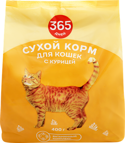 Корм сухой для кошек 365 ДНЕЙ с курицей, 400г, крупный план