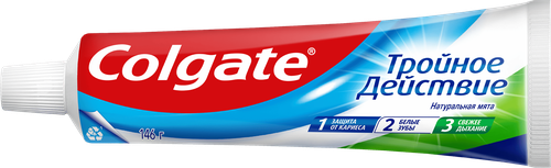 Зубная паста COLGATE Тройное действие Натуральная мята для защиты от кариеса, удаления потемнений с зубов и свежего дыхания, 100мл, крупный план