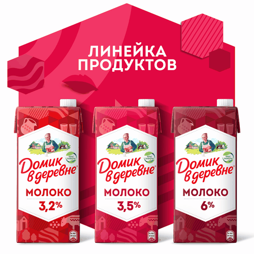 Молоко ультрапастеризованное ДОМИК В ДЕРЕВНЕ 3,5%, без змж, 950г, крупный план