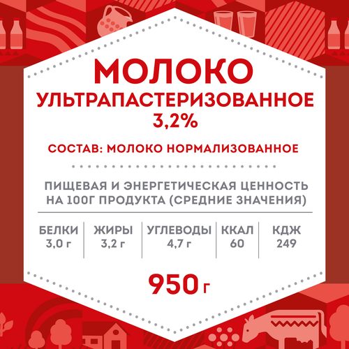 Молоко ультрапастеризованное ДОМИК В ДЕРЕВНЕ 3,2%, без змж, 950г, крупный план