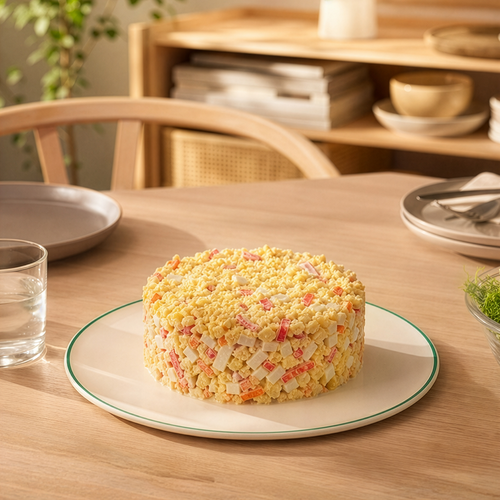 Салат из крабовых палочек, копченого сыра, картофеля и моркови, весовой, вид