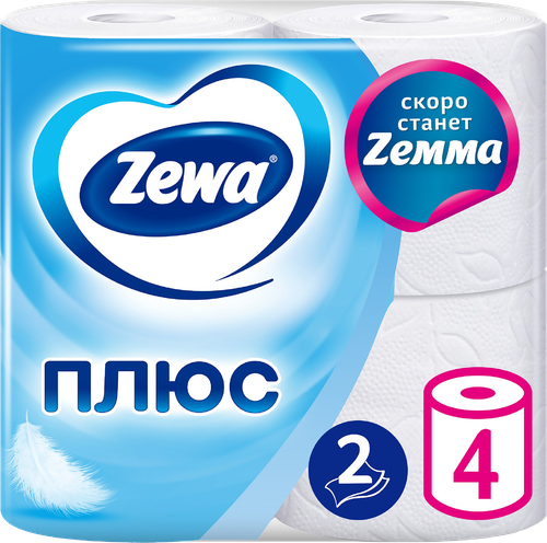 Бумага туалетная ZEWA Plus 2-слоя белая, 4шт, фото