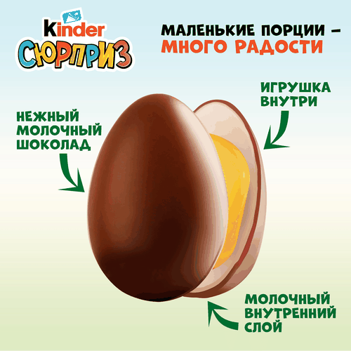 Яйцо шоколадное KINDER Сюрприз из молочного шоколада с игрушкой, в  ассортименте, 20г, картинка