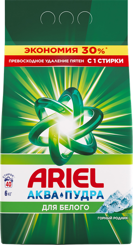 Стиральный порошок ARIEL Горный родник, автомат, 6кг, крупный план