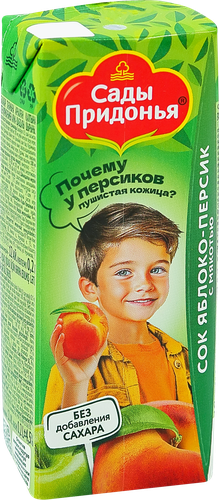 Сок САДЫ ПРИДОНЬЯ Яблоко, персик с мякотью, с 5 месяцев, 200мл, крупный план