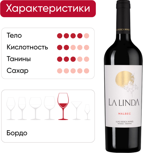 Вино LA LINDA Мальбек ординарное красное сухое, 0.75л, детальное фото