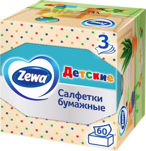 Салфетки бумажные ZEWA Kids 3-слоя, в коробке, 60шт, детальное фото