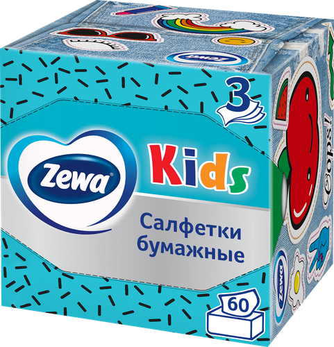 Салфетки бумажные ZEWA Kids 3-слоя, в коробке, 60шт, детальное фото