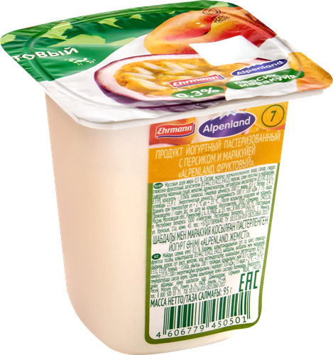 Продукт йогуртный EHRMANN Аlpenland Клубника, персик, маракуйя 0,3%, без змж, 95г, крупный план