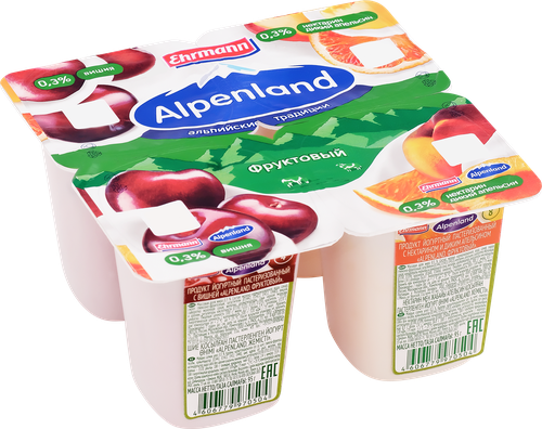 Продукт йогуртный EHRMANN Alpenland Вишня, нектарин, дикий апельсин 0,3%, без змж, 95г, детальное фото