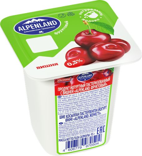 Продукт йогуртный EHRMANN Alpenland Вишня, нектарин, дикий апельсин 0,3%, без змж, 95г, картинка