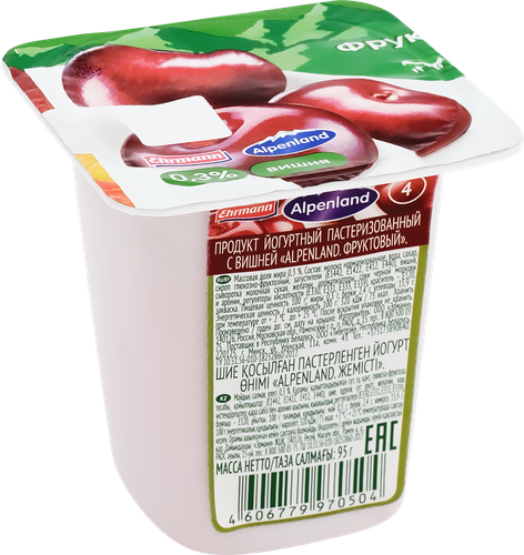 Продукт йогуртный EHRMANN Alpenland Вишня, нектарин, дикий апельсин 0,3%, без змж, 95г, изображение